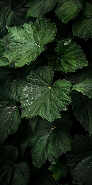 图片展示了一个黑暗的背景，上面有一些绿色植物。前景中可以看到龟背竹一片大叶子，上面有露水，它的叶脉清晰可见。在这片叶子后面还有几片较小的叶子，它们散布在整个画面上，与主要的那片叶子重叠在一起。这些叶子的颜色都是鲜亮的绿色，与背景的黑色形成鲜明对比。整个画面似乎被照亮了，因为只有植物部分有光线，其他地方都保持黑暗。这幅图片没有文字或任何其它元素，仅仅是一组植物的特写。
