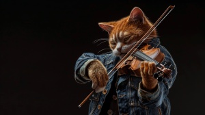 橘猫小提琴手黑色背景写实细节精细作品