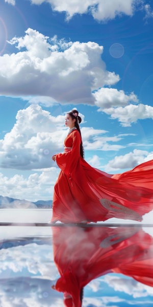 茶卡盐湖景区宣传片:中国美女穿红裙远眺