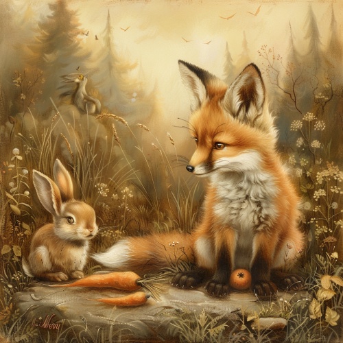 分镜 1：小狐狸爱说谎画面：小狐狸对其他动物说谎，引起他们的注意。文字描述：小狐狸总是说谎，骗了小兔子说有很多胡萝卜。