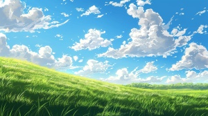 蓝天白云，山坡草地，阳光明媚，绿草如茵