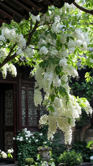 白色流苏树与中国房屋明显细节