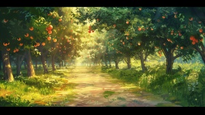 在一个美丽的夏日早晨，阳光洒在茂密的桃树林里，闪烁着金色的光芒。宫崎骏画风