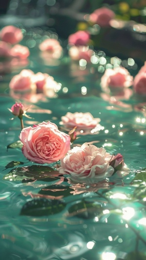 水中粉色玫瑰花的唯美之美