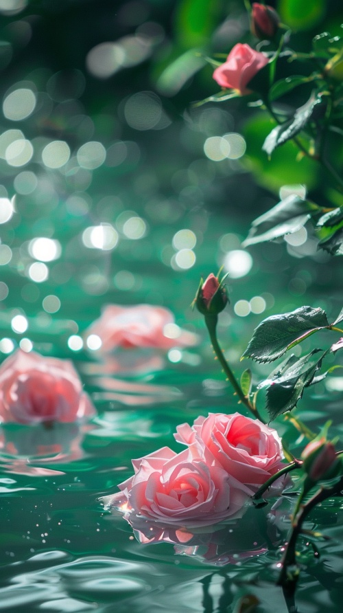 碧绿的水里，波光粼粼，水里的粉色玫瑰花，唯美，相机真实拍摄