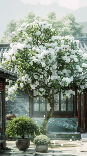 A sizable, autonomous tree adorned with white fringes, boasting verdant leaves, and adorned with abundant, large, spherical white flowers, serves as the focal point of a Chinese residence. The detailed depiction is strikingly evident, capturing depth and clarity with high-definition precision.