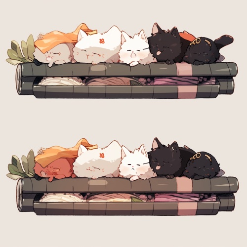 猫咪趴在寿司上，组成了猫咪寿司，要求：四张不同颜色猫咪趴在寿司上的图，背景为白卡通风格