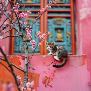 a kitten is climbing on the vine of an Asian plum blossom tree on a colorful pink wall ofChinese traditional palace,in the style of pentax k1000, red and amber, red and orange, tokina opera 50mm f1.4 ff, i can't believe howbeautiful this is, han dynasty, flickr s 250v6.0ar 3:4