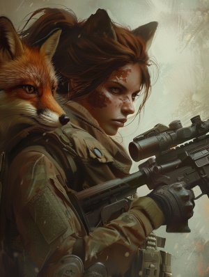 一个女穿着特种兵的军装，手里抱着机枪，女狐狸，孤独的眼神望着前面，