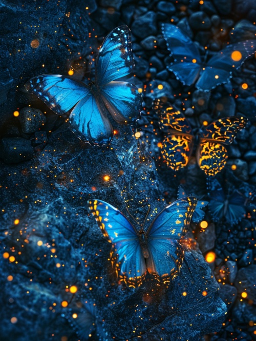 夜晚，漆黑的石头表面布满了蓝金色发光的蝴蝶，它们的翅膀和身体上都有发光的颗粒，蓝金色的光点遍布全身，在它的面前还有许多飞舞的发光萤火虫。整个场面给人一种充满神秘和魔力的氛围。高清晰度摄影以，超现实主义的风格，俯视图。