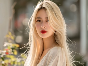 中国现代风格，一个金色长发美女，面容精致，面向镜头，微笑，背景虚化