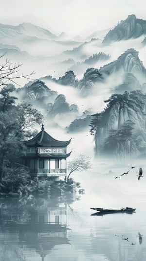 该图片描绘了一幅充满诗意的中国传统山水画。画中，一座东方建筑风格的房子坐落在水边，周围是连绵起伏的山峦。水面上有一只船，一只鸟在空中飞翔，为画面增添了一丝动感和生机。画面的主色调是白色，暗示着雾天的氛围，给这幅画带来了一种朦胧、静谧的感觉。在画面的下半部分，水与雾的交融营造出一种纵深感和宁静感。这幅画捕捉到了中国传统美学中的自然与建筑和谐共处的精髓。