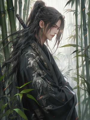 青年侠客在竹林之中，英俊帅气，背着宝剑，穿着黑色衣服，上面绣着银色龙纹，下着细雨，画面精致，高清，写实