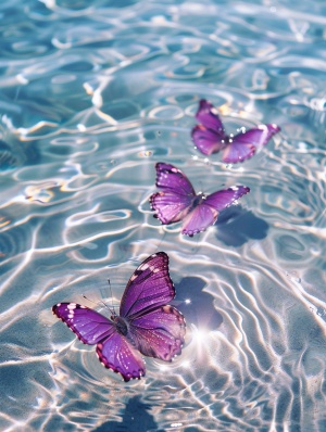 特写，透明的淡紫色蝴蝶，在白色的海滩上，在晶莹剔透的海水中，清晰的倒影，闪闪发光，有涟漪。蝴蝶排成新月形，在玫瑰花的周围闪闪发光