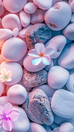 粉色背景，许多白色鹅卵石，几颗黄色鹅卵石，几颗紫色鹅卵石，玻璃透明的鹅卵石，花形状的鹅卵石，还有几颗发光的蓝紫色鹅卵石