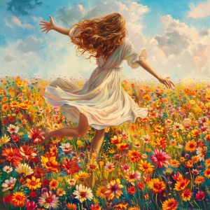 一个长发穿裙子的漂亮女孩 双手打开 微风的吹拂下 发丝扬起奔向一大片花海深处的场景 画面美好 洋溢着自由快乐的气息