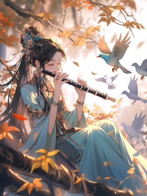 古风神女，长相不食人间烟火，青绿色汉服，坐在森林草地上，吹着玉笛，骄阳正好，有飞花落叶，小鸟