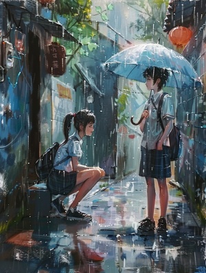 夏季下雨天，一个扎马尾辫的女孩穿着校服蹲在梧桐小巷的墙角，男生站着穿着校服撑着一把透明伞，伞向女生倾斜，以浅蓝为基调，只有男生和女生两个人，要唯美