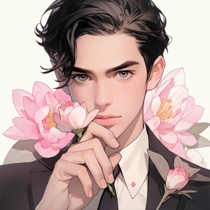 动漫帅气的中国男士拿着一朵粉红色的花，在清晰的新流行插图的风格，现实而富有想象力，超现实的精度，