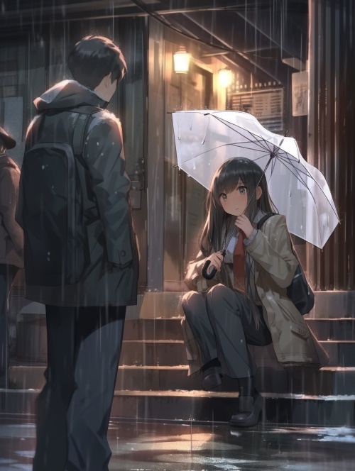 雨天小巷，男生站着，细心地为蹲在墙角的女生打开透明雨伞，男生眼神中透露着温馨和关怀，周围静谧的雨夜氛围弥漫着一种暖暖的情感，男生和女生都穿着校服。