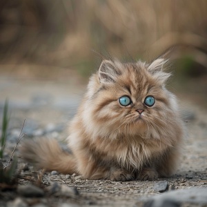 一只波斯猫坐在地上，大的圆圆的蓝色眼睛看着前方