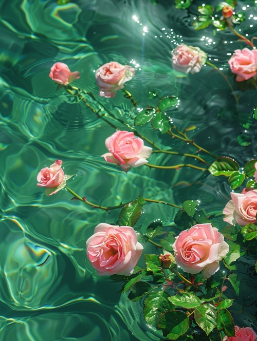 碧绿的水里，波光粼粼，水里的粉色玫瑰花，唯美，相机真实拍摄