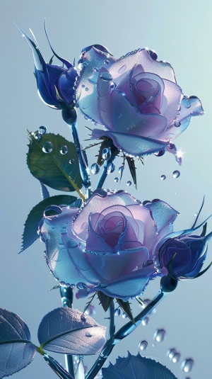 有几多朵玻璃双生玫瑰花，紫色的花瓣，花芯是白色的，一层蓝一层白的花，有的开放了，有的含苞待放，绿色的叶子，露珠落在花朵和叶子上亮晶晶的，阳光洒下来，高清画面，玻璃质感，空白背景图，花瓣细腻逼真，层次分明，展现出一种轻盈而优雅的美感。玫瑰的茎和叶同样由透明材料制成，闪耀着金属般的光泽，叶脉纹路清晰可见，为这朵花增添了生动的细节。背景采用单色的浅蓝色，使得这朵透明的玫瑰花更加突出，营造出一种宁静而梦幻的氛围。整个作品不仅展现了艺术家精湛的工艺，也传递出一种对美好事物的追求和赞美。高清，超高清，4k画质