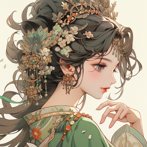 一个少女，穿绿色华丽中国古代服装，头戴华丽高贵发饰，脸上洋溢着十分得意的表情，身后是中国古代，一座十分富丽堂皇的宫殿，正面，唯美二次元，动漫插画风格