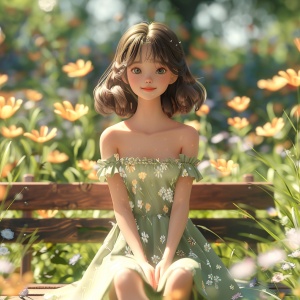 3D anime girl style, cute and beautiful little sister with shoulder length hair wearing a light green floral dress sitting on a bench in a flower field, smiling happily, full body portrait, dreamy background, soft lighting, soft pastel colors, romantic atmosphere, rendered in the style of C4d OC renderer rendering technology with minimal editing of the original text and removal of any Chinese characters. ar 3:4