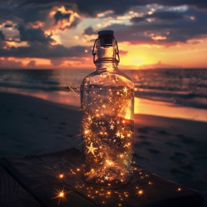 一个漂亮的玻璃瓶，里面装着星河世界，放在桌子上，背景是夕阳下的沙滩，梦幻，唯美，文艺，,丁达尔光照,海边,流星雨
