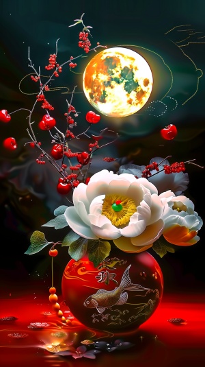 图片展示了一个精致的亚洲风格的插花作品。红色花瓶上绘有东方文字和图案，象征着文化与艺术。白色花朵，可能是牡丹，占据着花瓶的大部分空间，展现了它们美丽的花瓣。周围是红色花朵和樱桃，营造出喜庆的氛围。一个鱼形装饰物悬挂在红色花朵之上，为作品增添了一丝活泼感。背景中，一轮发光的圆月照亮整个场景，给整个画面增添了神秘和梦幻般的色彩。整个构图传达出一种传统与现代元素融合的感觉，体现出对美的独特视角。