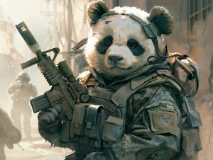 一只熊猫，身穿作战服，手拿冲锋枪，持战斗姿势，表情威武，压迫感十足，背景虚化