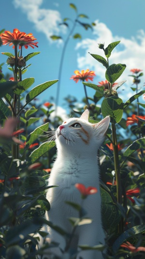 蓝天下，可爱好奇的小白猫，抬头仰望高大奇异的植物，叶子巨大，花朵鲜艳。