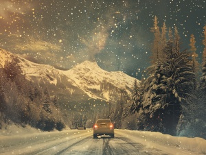 粉色和金色金沙带布满天空，发着闪烁星光，雪山层叠，马路上车来车往。