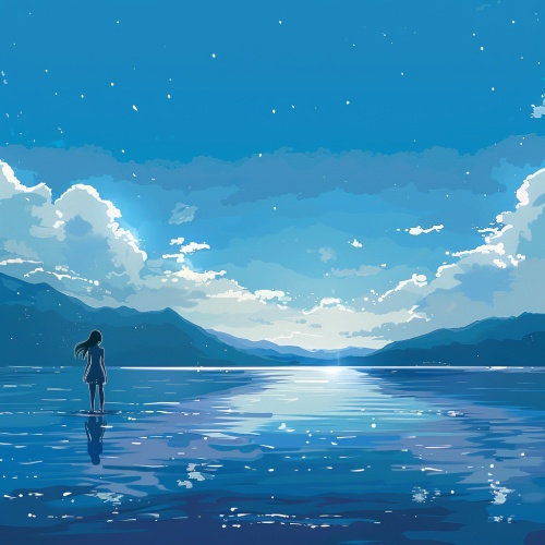 大海是平静的，天空是白云的蓝色，女孩看向远方深蓝色的山脉，在可爱的卡通风格，一个简单的插图用简单的线条，极简主义，白色空间中，波光粼粼的浅蓝色水面——niji 6
