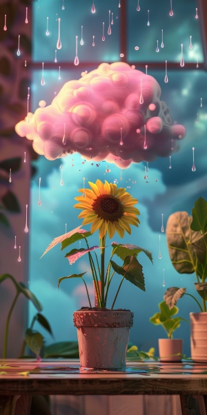 桌上摆放着一小盆可爱的向日葵，向日葵只有一朵，雨滴从上方落下，形成一朵可爱的粉色云朵，盘旋在它上面。场景设置在明亮的室内环境中，柔和的灯光投射出柔和的阴影。这个超现实的概念通过使用数字艺术技术捕捉了自然之美。植物位于画面的中下方，上方留出足够的空间。