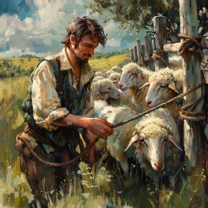 农夫找来木材和绳子， 把羊圈修好了，小绵羊再也没丢了。