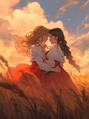 在草原上两个女孩抱在一起