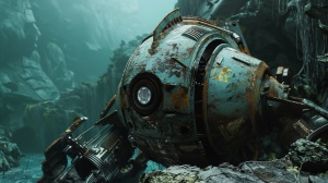 海底深处一个古老的机甲残骸，废旧生锈的外表，，高大的机甲，上面刻有一个神秘的符号 写实场景 8k 细节清晰 真实的 高清 写实主义 细节 8K超