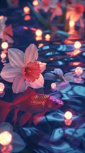 一朵粉红色的水仙花、一条红色金鱼和一些漂浮在水面上的发光物。水仙花占据了画面的大部分，从左上角到中心位置，它鲜艳的颜色与周围的黑夜形成鲜明对比。水仙花旁边是一条红白相间的金鱼，鱼尾朝左上角，鱼头朝右下角，给人一种动态感。围绕着花和鱼的是一些漂浮的发光物，它们散落在水面上，大小不一，有的离花近一些，