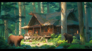在茂密的森林里有一个漂亮的小木屋 旁边有一只棕色小熊和白色小兔 宫崎骏画风