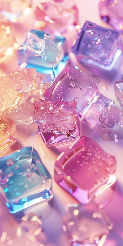 A background of colorful ice cubes, with sparkling and shiny effects, cute cartoon style, pastel colors,anime aesthetics, mobile wallpaper, high resolution, and detailed details. The overall composition is simple yet full of vitality.