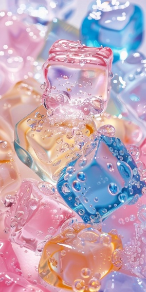 A background of colorful ice cubes, with sparkling and shiny effects, cute cartoon style, pastel colors,anime aesthetics, mobile wallpaper, high resolution, and detailed details. The overall composition is simple yet full of vitality.