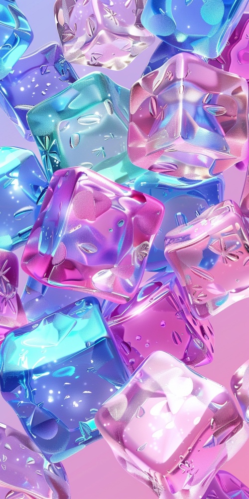 A background of colorful ice cubes, with sparkling and shiny effects, cute cartoon style, pastel colors,anime aesthetics, mobile wallpaper, high resolution, and detailed details. The overall composition is simple yet full of vitality.