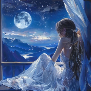 银色的月亮挂在天空,星星闪烁如同钻石。一个美丽的女孩坐在窗边,她的长发披在一边肩上,被透明窗帘覆盖。她穿着一件精美的白色裙子,上面装饰着闪亮的亮片。阳台外的夜景显示山脉被雪覆盖,星空之下。这是一个梦幻般的场景,她似乎正握着天上的银色球体。这幅画捕捉了大自然的美和浪漫,以中国艺术家的风格。
