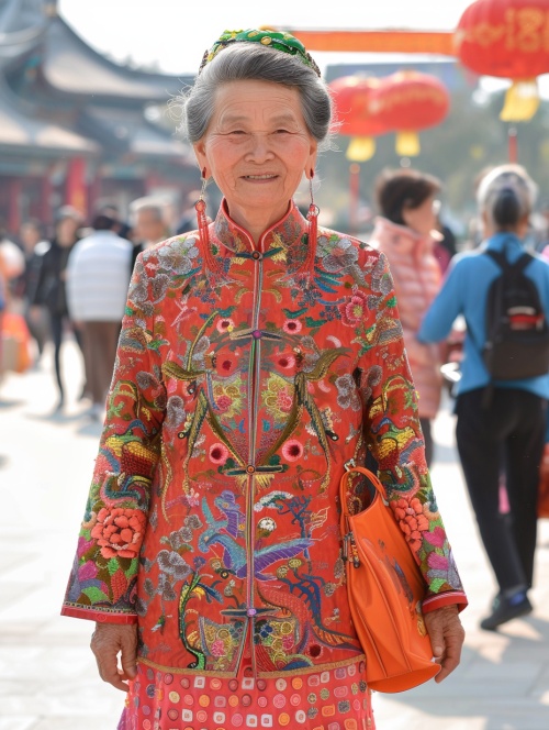 一个中国阿姨，时尚走秀，笑容灿烂，精致面容和穿搭，街拍风格