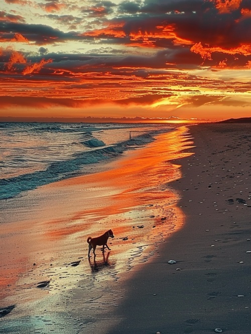 温暖的夕阳渐渐沉入海平面，天空被染成橙红色，海浪轻轻拍打着沙滩。一只狗在沙滩上行走留下一串串脚印，享受着宁静的夏日黄昏。
