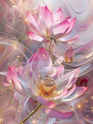 一幅有着漩涡背景的粉色花朵的画，发光的精致花朵，粉色莲花女王，莲花，轻柔旋转的神奇能量，神奇的花朵，伴有莲花，莲花花瓣，莲花，美丽的数字艺术，美丽的花朵和水晶，镀金的莲花公主，莲花，优雅地站在莲花上，美丽华丽的数字艺术，美丽的花，美丽的壁纸