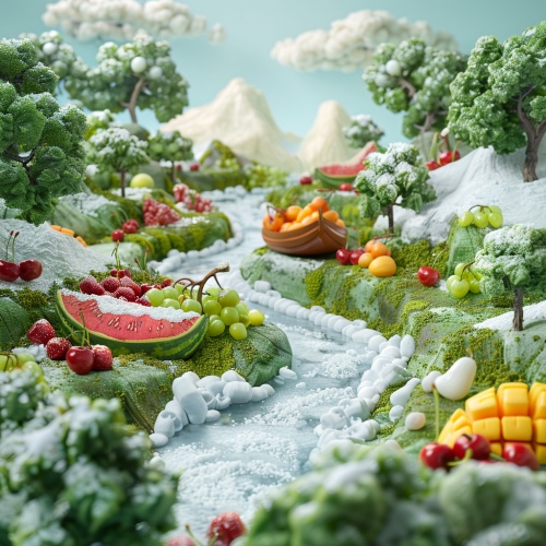 Fruit advertisement, miniature landscape, high angle shot, light blue sky. The ground is covered with moss and matcha. There are cherries, watermelon, mango, strawberry, and green grapes on the ground, a total of five kinds of fruits. There is a river in the middle of the picture, with white snow on the river, and a mango boat in the middle of the river. Tilt-shift lens, detailed visual effects, cinema-grade lighting ar 3:4 stylize 250 v 6.0