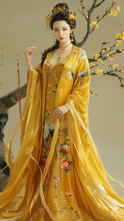 Chinese beauty, full body photo in a yellow dress with embroidered cranes on the chest and back, long hair draped over shoulders, white skin, red lips, slender figure, earrings and hanging necklaces, high heels, confident smile, full of confidence posture in the style of .